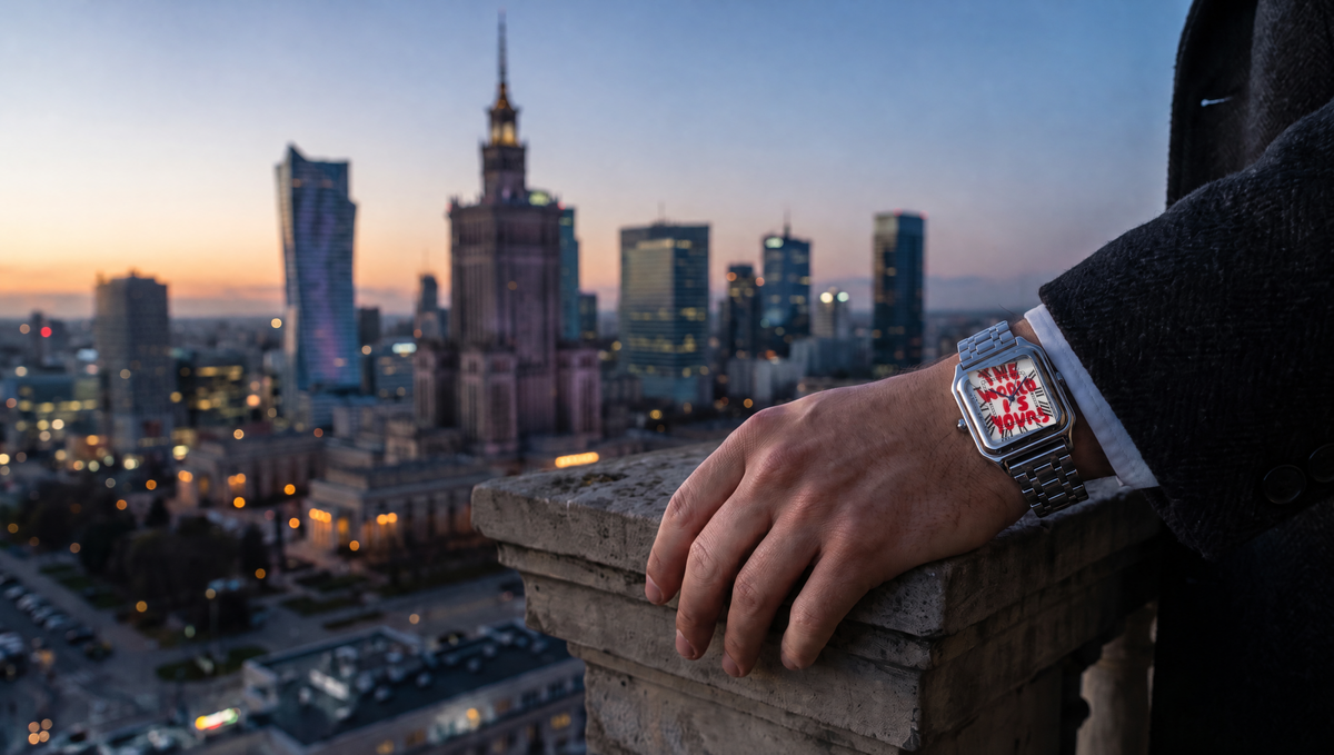 Nadgarstek z zegarkiem THE WORLD IS YOURS na tle panoramy Warszawy wieczorem (wizualizacja)