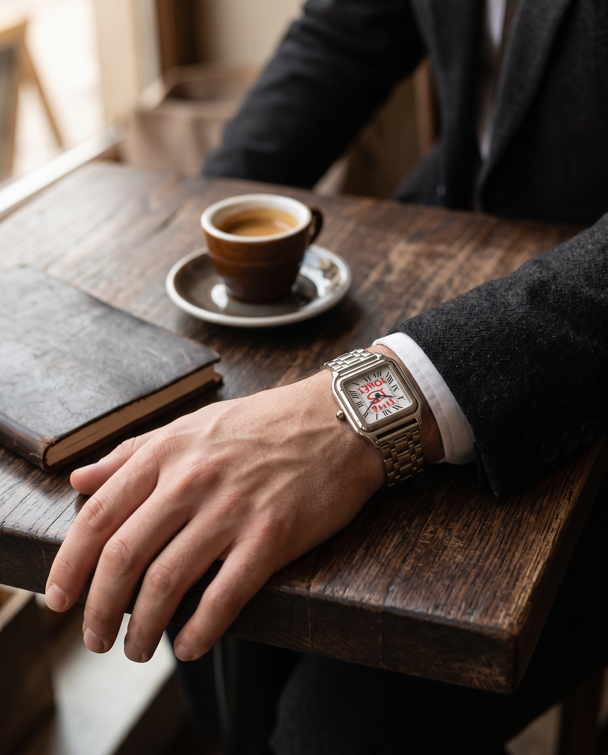 TIME IS MONEY: kawiarnia, dłoń na stole (wizualizacja)